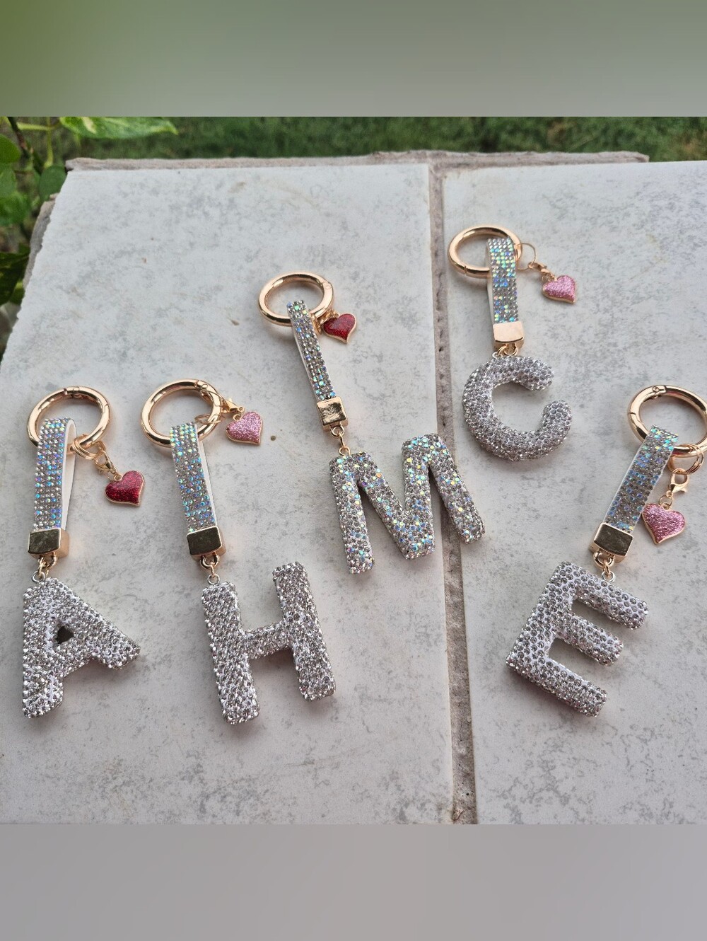 Rhinestone Initial Letter Keychain with Heart Charm - A C E H M